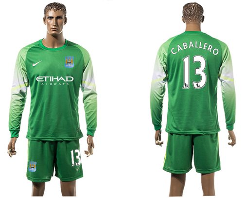 Manchester City 13 Caballero Green Goalkeeper Long Sleeves Soccer Club Jersey