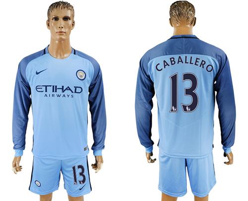 Manchester City 13 Caballero Home Long Sleeves Soccer Club Jersey