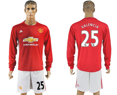 Manchester United 25 Valencia Red Home Long Sleeves Soccer Club Jersey