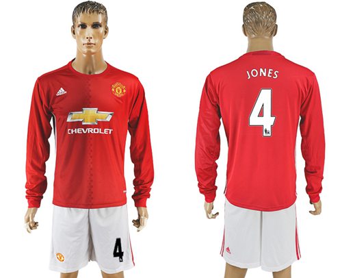 Manchester United 4 Jones Red Home Long Sleeves Soccer Club Jersey