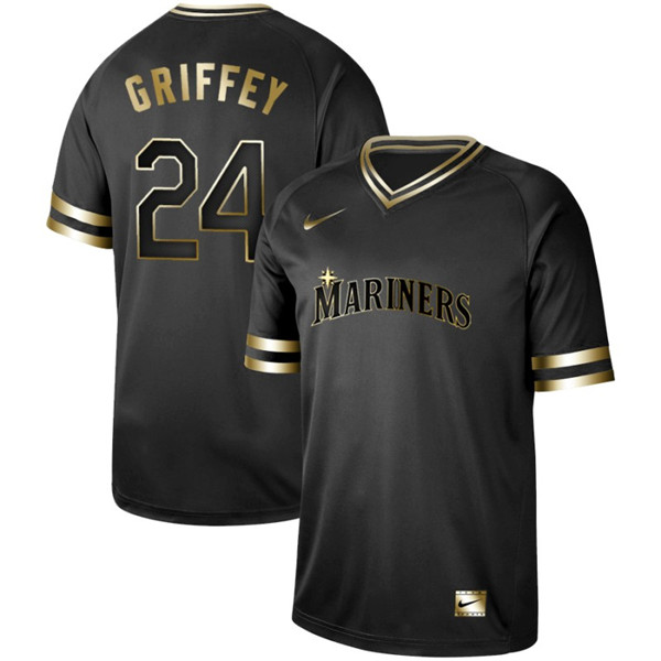 Mariners 24 Ken Griffey Jr. Black Gold Nike Cooperstown Collection Legend V Neck Jersey