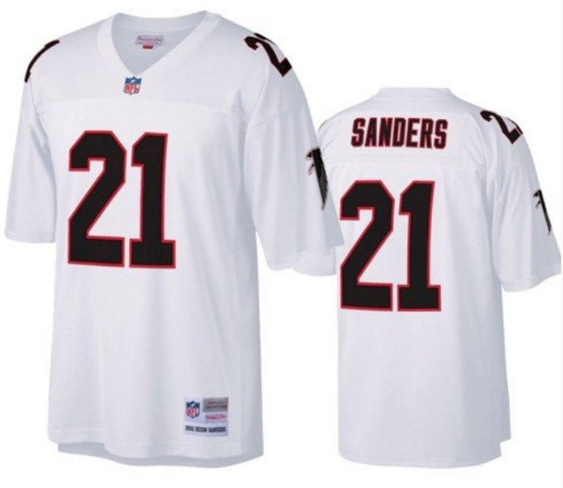 Men's Atlanta Falcons 21 Deion Sanders White Throwback Jersey