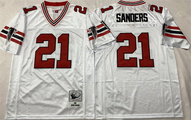 Men's Atlanta Falcons 21 Deion Sanders White Throwback Stitched Football Jersey