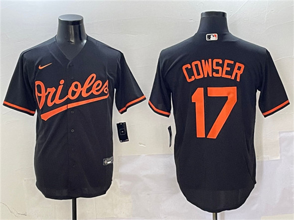 Men's Baltimore Orioles 17 Colton Cowser Black Cool Base Stitched Jersey
