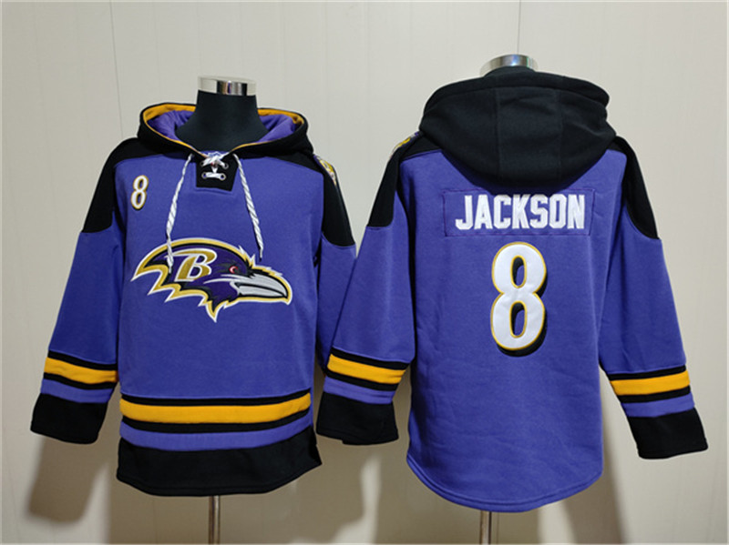 Men's Baltimore Ravens 8 Lamar Jackson Purple Ageless Must Have Lace Up Pullover Hoodie