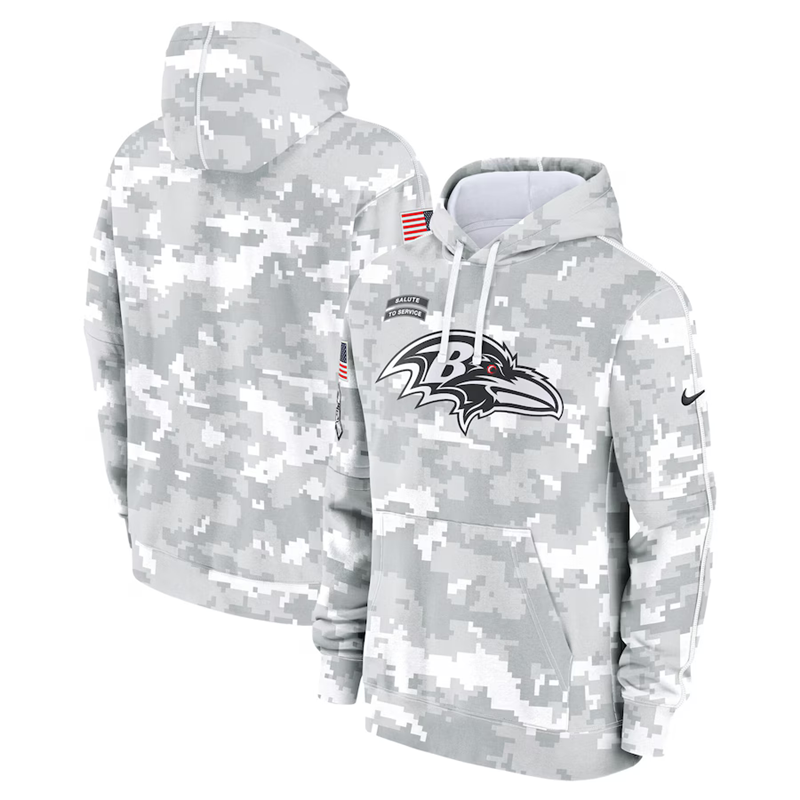Men's Baltimore Ravens Nike Arctic Camo 2024 Salute to Service Club Fleece Pullover Hoodie