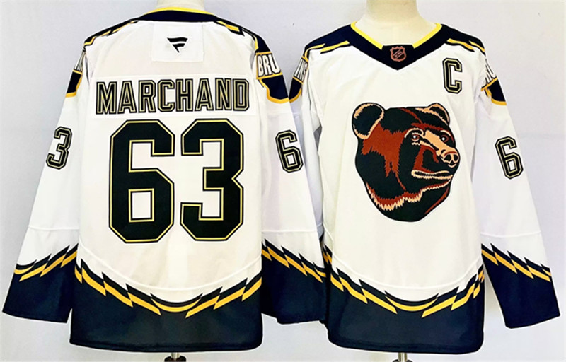 Men's Boston Bruins 63 Brad Marchand White 2024 25 With C Patch Reverse Retro Home Stitched Hockey Jersey