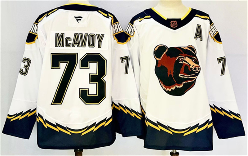Men's Boston Bruins 73 Charlie McAvoy White 2024 25 With A Patch Reverse Retro Home Stitched Hockey Jersey