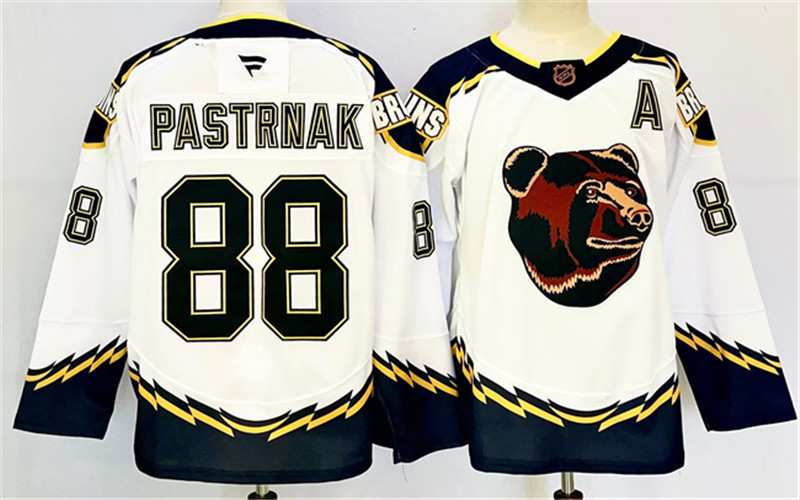 Men's Boston Bruins 88 David Pastrnak White 2024 25 With A Patch Reverse Retro Home Stitched Hockey Jersey
