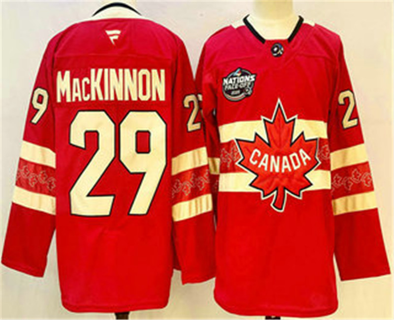Men's Canada 29 Nathan MacKinnon Red 2025 4 Nations Face Off Premium Stitched Jersey