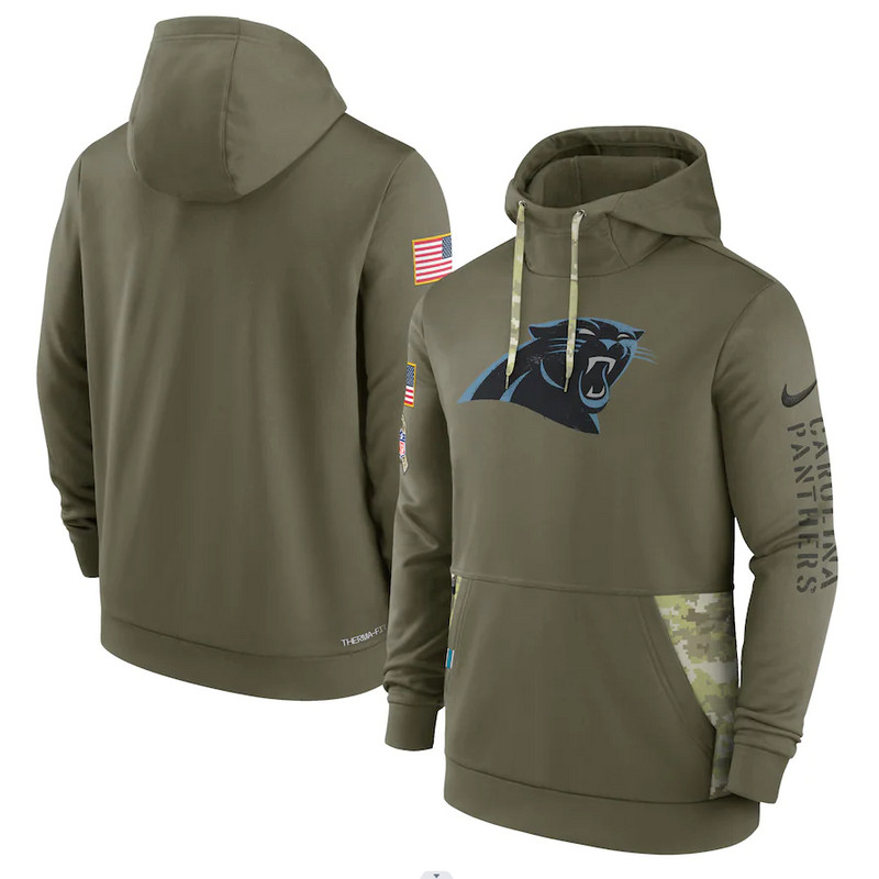 Men's Carolina Panthers Nike Olive 2022 Salute to Service Therma Performance Pullover Hoodie