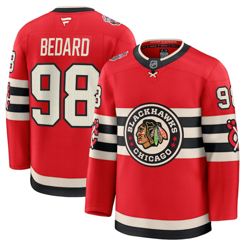 Men's Chicago Blackhawks 98 Connor Bedard Red 2024 25 Winter Classic Stitched Hockey Jersey