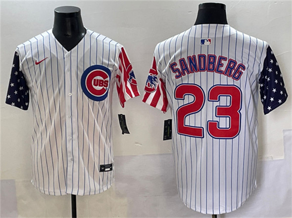 Men's Chicago Cubs 23 Ryne Sandberg White Pinstripe 2025 Independence Day Vapor Premier Limited Stitched Baseball Jersey