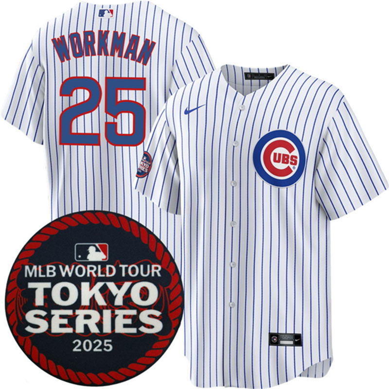 Men's Chicago Cubs 25 Gage Workman White 2025 World Tour Tokyo Series Home Stitched Baseball Jersey