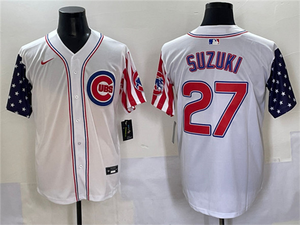 Men's Chicago Cubs 27 Seiya Suzuki White 2025 Independence Day Vapor Premier Limited Stitched Baseball Jersey