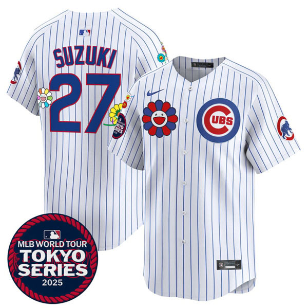 Men's Chicago Cubs 27 Seiya Suzuki White 2025 Tokyo Series Limited Stitched Baseball Jersey