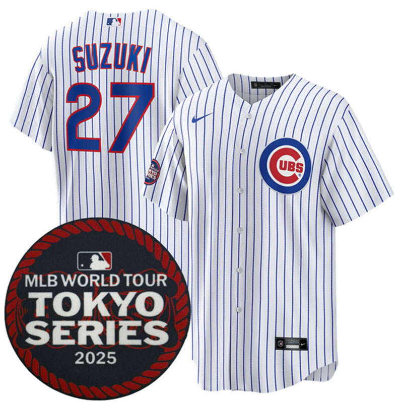 Men's Chicago Cubs 27 Seiya Suzuki White 2025 World Tour Tokyo Series Home Stitched Baseball Jersey