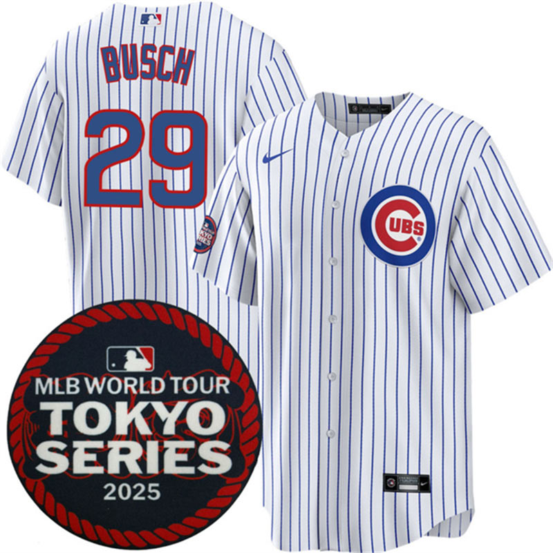 Men's Chicago Cubs 29 Michael Busch White 2025 World Tour Tokyo Series Home Stitched Baseball Jersey