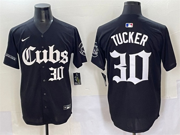 Men's Chicago Cubs 30 Kyle Tucker Black 'Gothic North Side Edition' Vapor Premier Limited Stitched Baseball Jersey