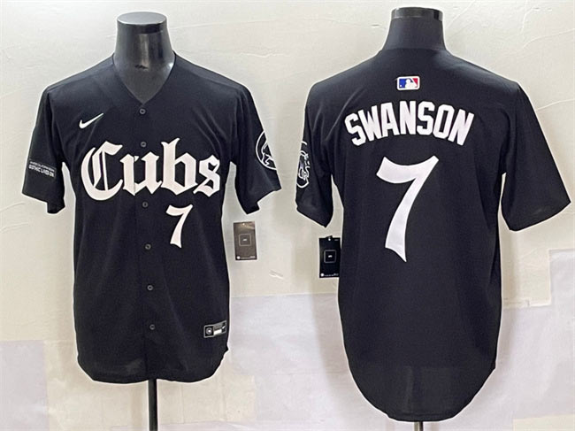 Men's Chicago Cubs 7 Dansby Swanson Black 'Gothic North Side Edition' Vapor Premier Limited Stitched Baseball Jersey