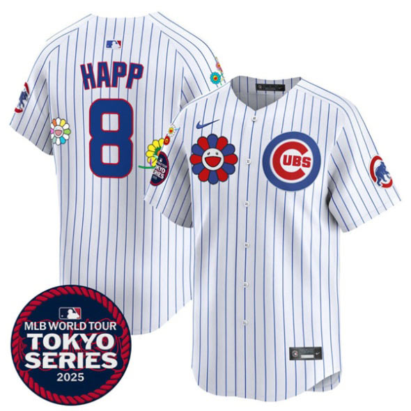 Men's Chicago Cubs 8 Ian Happ White 2025 Tokyo Series Limited Stitched Baseball Jersey
