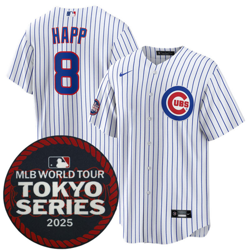 Men's Chicago Cubs 8 Ian Happ White 2025 World Tour Tokyo Series Home Stitched Baseball Jersey