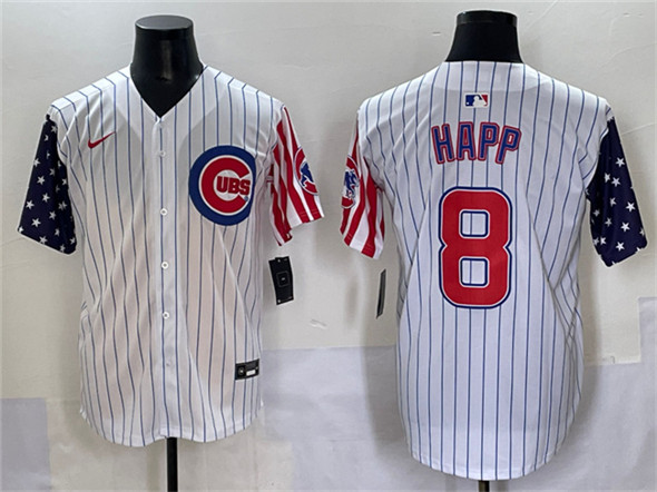 Men's Chicago Cubs 8 Ian Happ White Pinstripe 2025 Independence Day Vapor Premier Limited Stitched Baseball Jersey