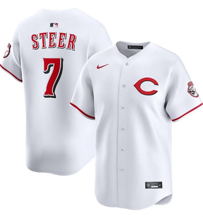 Men's Cincinnati Reds 7 Spencer Steer White 2025 Home Limited Stitched Baseball Jersey