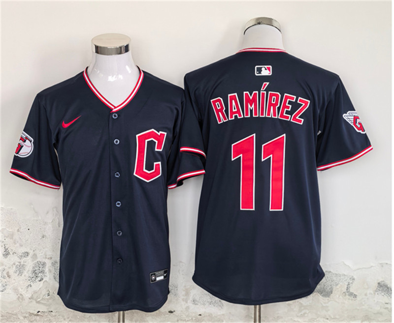 Men's Cleveland Guardians 11 Jose Ramirez Navy Stitched Baseball Jersey