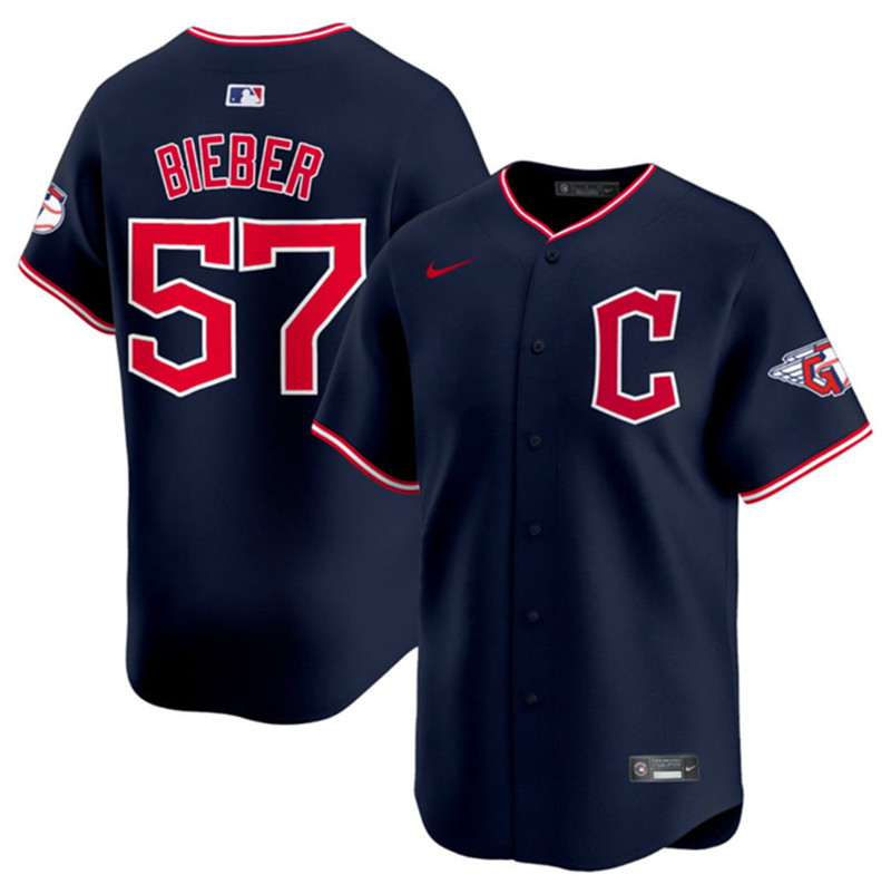 Men's Cleveland Guardians 57 Shane Bieber Navy 2025 Alternate Limited Stitched Baseball Jersey