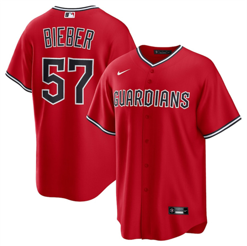 Men's Cleveland Guardians 57 Shane Bieber Red Cool Base Stitched Baseball Jersey