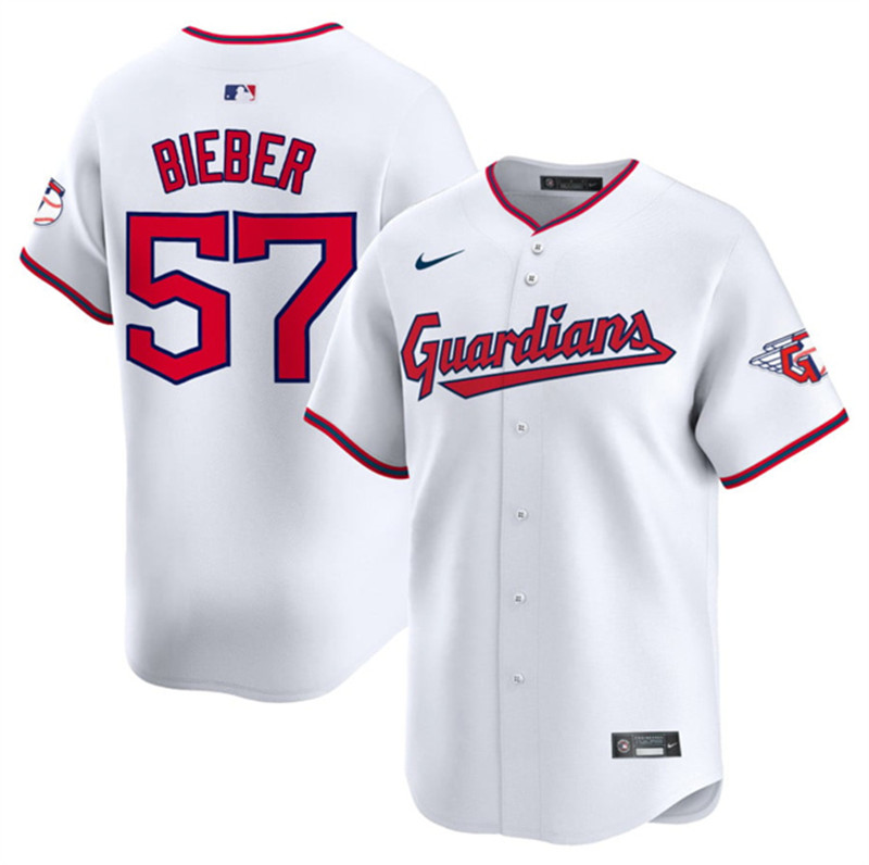 Men's Cleveland Guardians 57 Shane Bieber White Home Limited Stitched Baseball Jersey