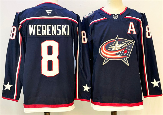 Men's Columbus Blue Jackets 8 Zach Werenski Navy With A Patch Stitched Hockey Jersey