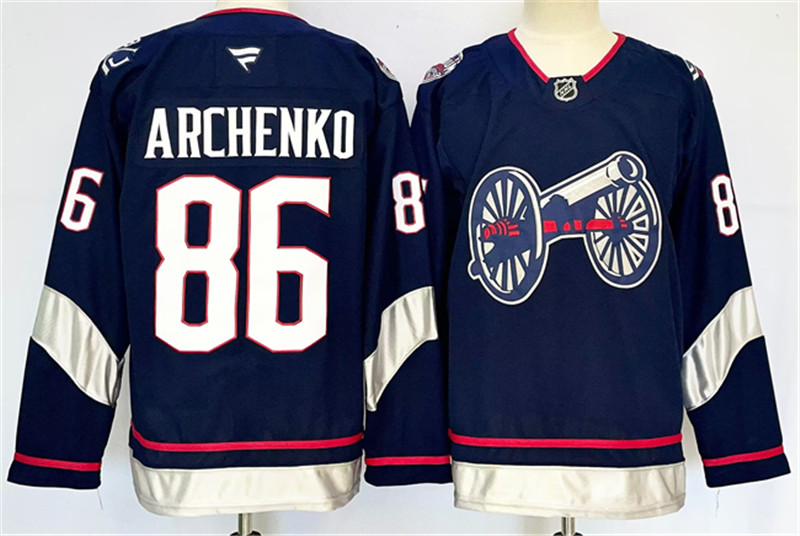 Men's Columbus Blue Jackets 86 Kirill Marchenko Navy 2024 25 With C Patch Stitched Hockey Jersey