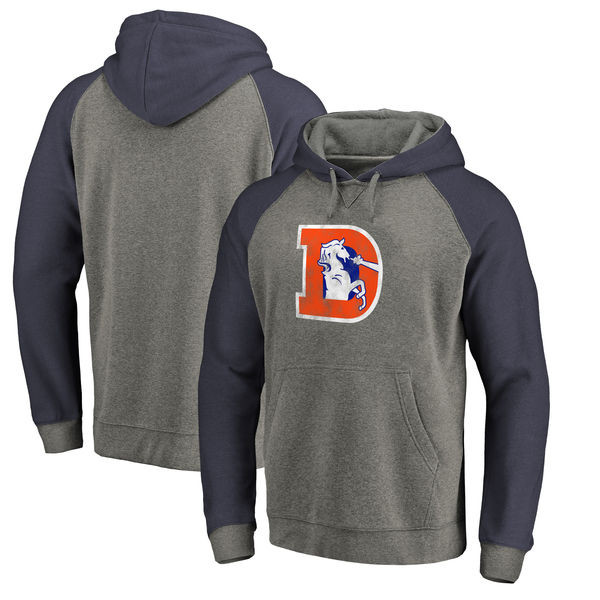 Men's Denver Broncos NFL Pro Line by Fanatics Branded Gray Navy Throwback Logo Big Tall Tri Blend Raglan Pullover Hoodie