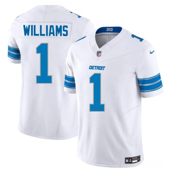 Men's Detroit Lions 1 Jameson Williams White 2025 F.U.S.E. Vapor Limited Football Stitched Jersey