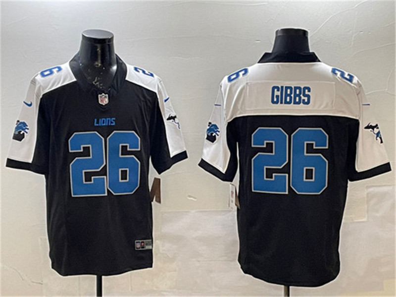 Men's Detroit Lions 26 Jahmyr Gibbs Black White F.U.S.E. 2024 Michigan Patch Vapor Limited Football Stitched Jersey