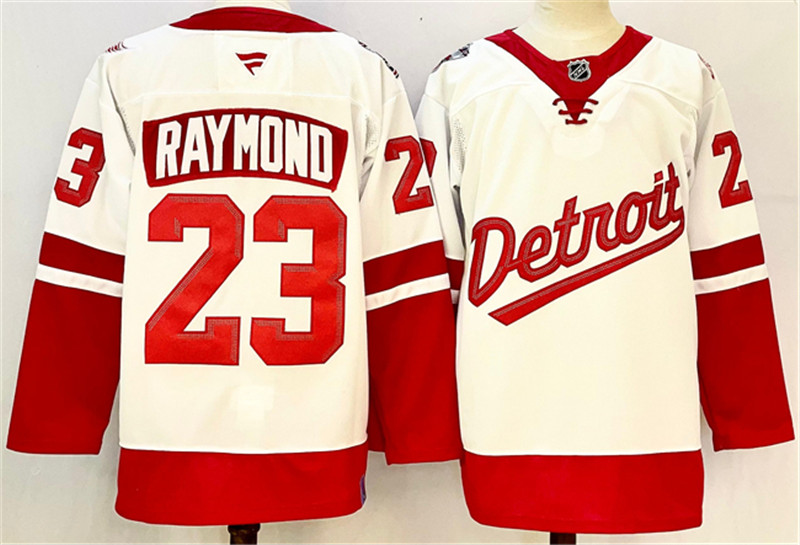 Men's Detroit Red Wings 23 Lucas Raymond White Red 2024 25 Stitched Jersey