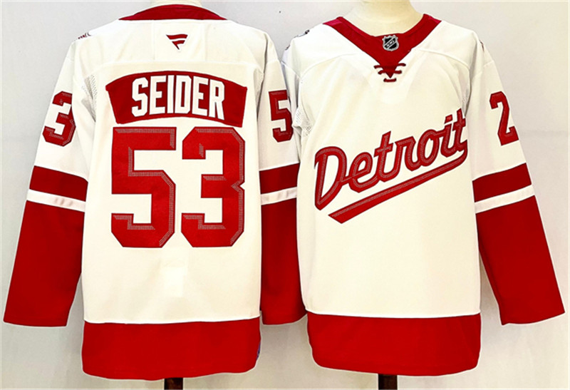 Men's Detroit Red Wings 53 Moritz Seider White Red 2024 25 Stitched Jersey