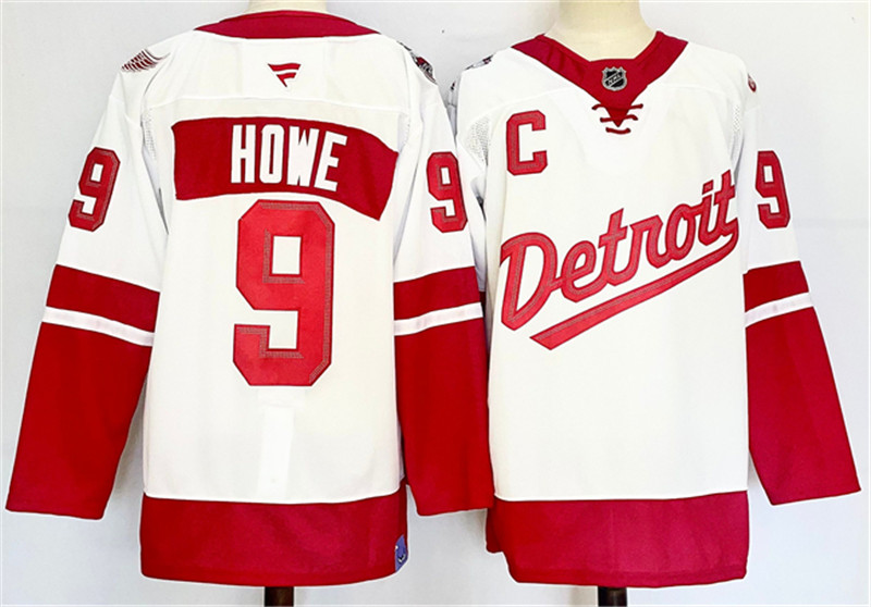 Men's Detroit Red Wings 9 Gordie Howe White Red 2024 25 With C Patch Stitched Jersey