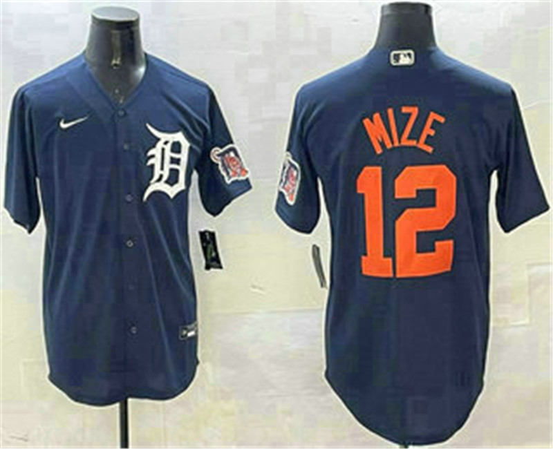 Men's Detroit Tigers 12 Casey Mize Navy Alternate With Patch Cool Base Stitched Jersey