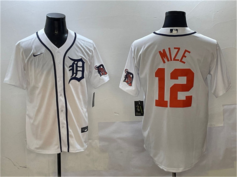 Men's Detroit Tigers 12 Casey Mize White With Patch Cool Base Stitched Baseball Jersey