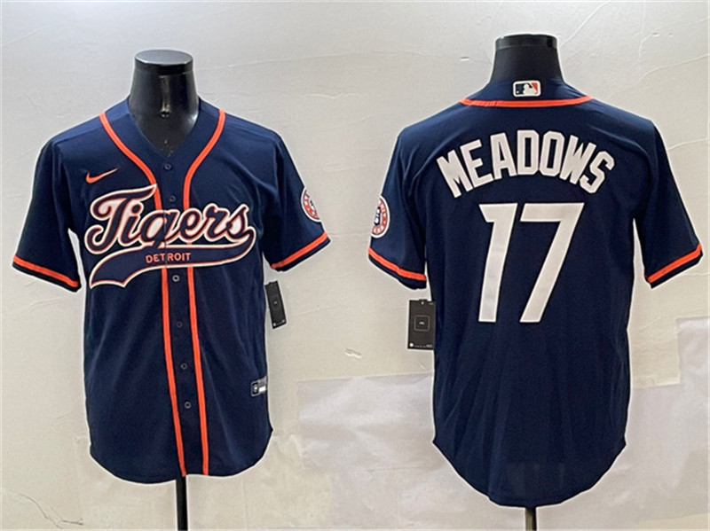 Men's Detroit Tigers 17 Parker Meadows Navy With Patch Cool Base Stitched Baseball Jersey