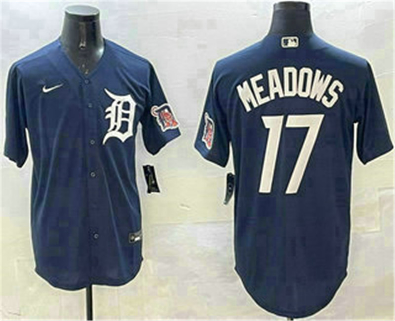 Men's Detroit Tigers 17 Parker Meadows Navy With Patch Cool Base Stitched Jersey