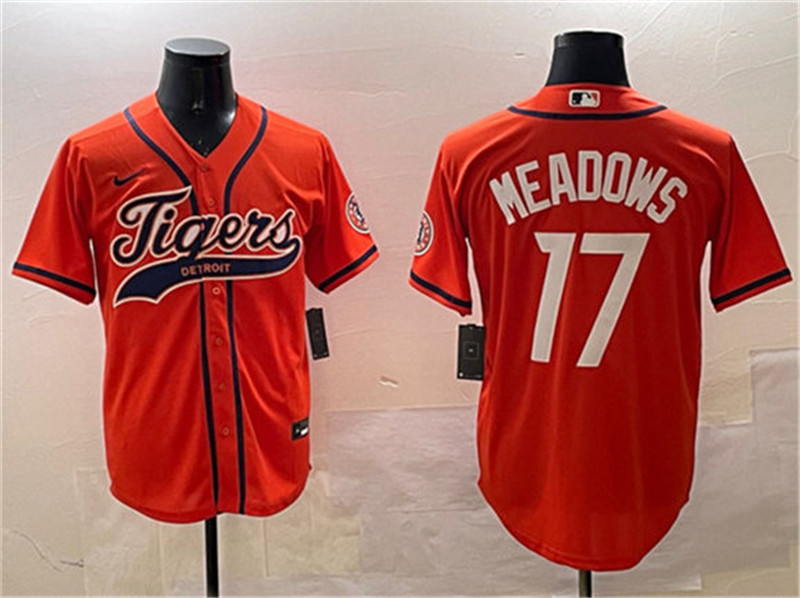 Men's Detroit Tigers 17 Parker Meadows Orange With Patch Cool Base Stitched Baseball Jersey