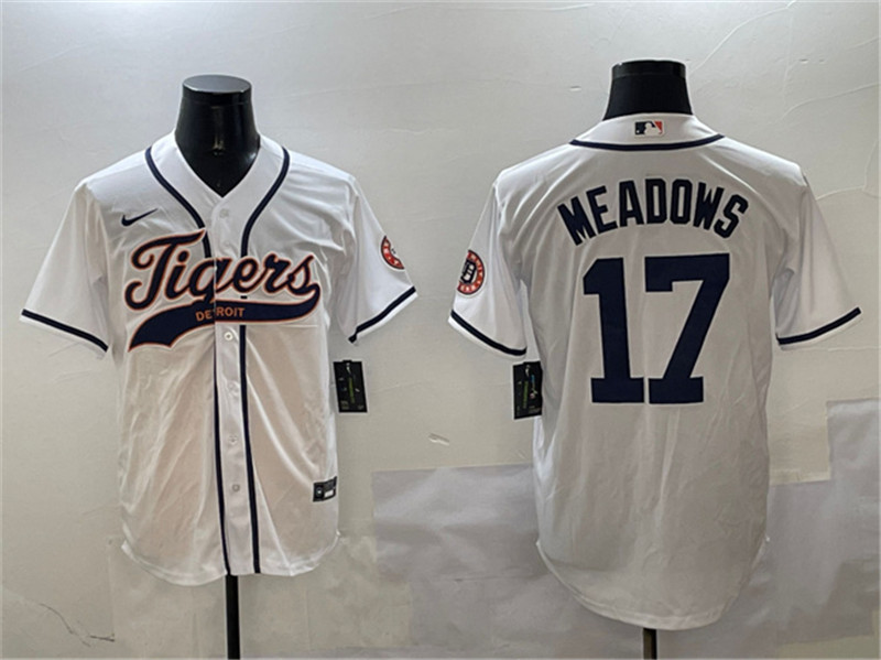 Men's Detroit Tigers 17 Parker Meadows White With Patch Cool Base Stitched Baseball Jersey