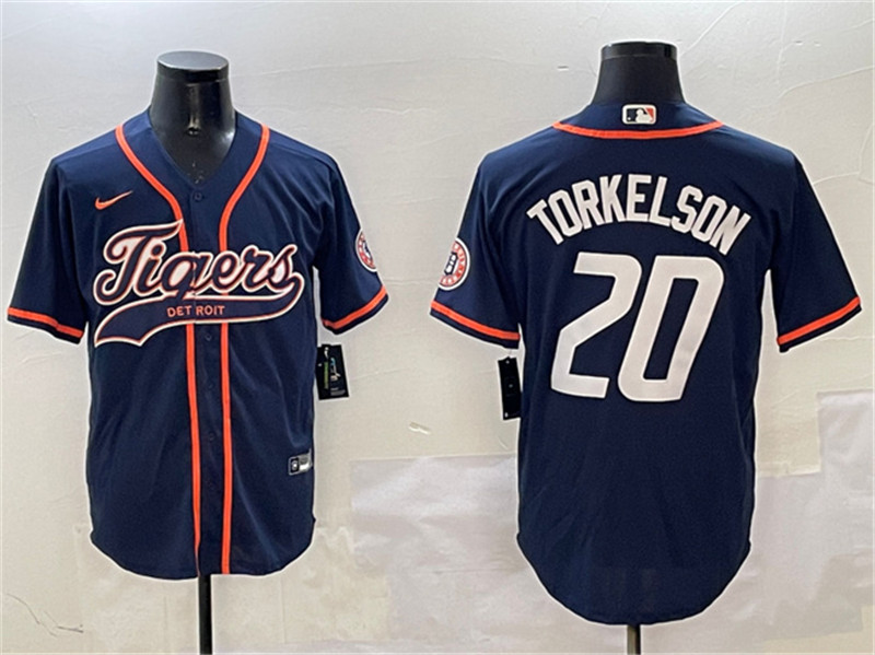 Men's Detroit Tigers 20 Spencer Torkelson Navy With Patch Cool Base Stitched Baseball Jersey