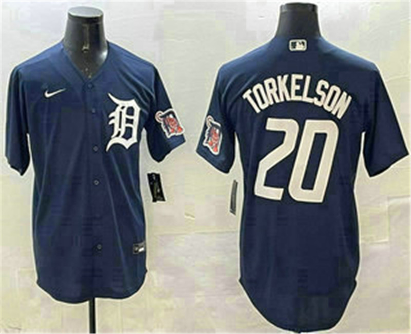 Men's Detroit Tigers 20 Spencer Torkelson Navy With Patch Cool Base Stitched Jersey