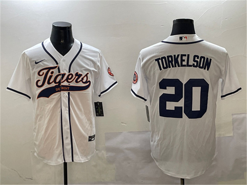 Men's Detroit Tigers 20 Spencer Torkelson White With Patch Cool Base Stitched Baseball Jersey