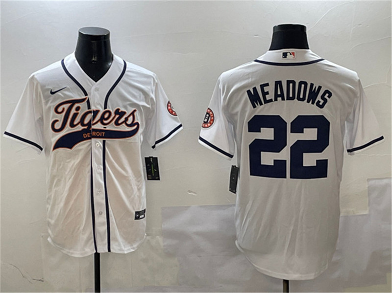 Men's Detroit Tigers 22 Parker Meadows White With Patch Cool Base Stitched Baseball Jersey